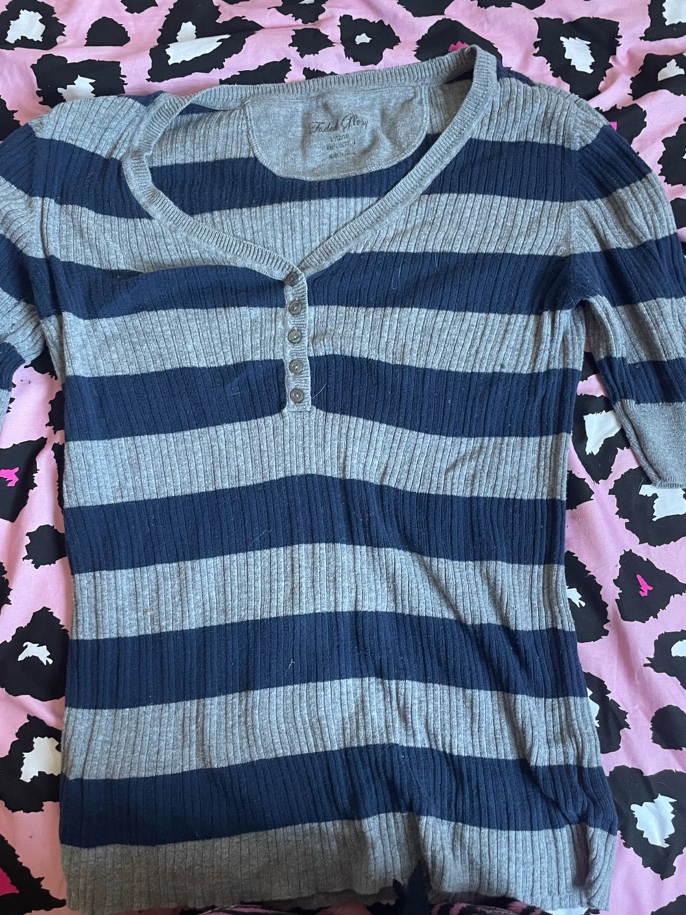 Faded Glory y2k Navy and Gray Striped Ribbed Henley Long-Sleeve Top